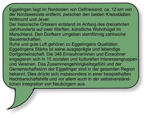 Eggelingen liegt im Nordosten von Ostfriesland, ca. 12 km von  der Nordseek�ste entfernt, zwischen den beiden Kreisst�dten  Wittmund und Jever.  Der historische Ortskern entstand im Anfang des dreizehnten  Jahrhunderts auf zwei Warften, k�nstliche Wohnh�gel im  Marschland. Den Dorfkern umgeben sternf�rmig zahlreiche  Bauernschaften.  Ruhe und gute Luft geh�ren zu Eggelingens Qualit�ten.  Eggelingens St�rke ist seine ausgepr�gte und lebendige  Dorfgemeinschaft. Die 345 Einwohnerinnen und Einwohner engagieren sich in 15 sozialen und kulturellen Interessengruppen  und Vereinen. Das Zusammengeh�rigkeitsgef�hl und der  Gemeinschaftssinn der Eggelinger sind in der gesamten Region bekannt. Dies dr�ckt sich insbesondere in einer beispielhaften  Nachbarschaftshilfe und vor allem auch in der selbstverst�nd- lichen Integration von Neub�rgern aus.